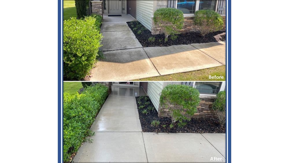 Before and after of a cleaned driveway and landscaped entrance, showcasing improved curb appeal.