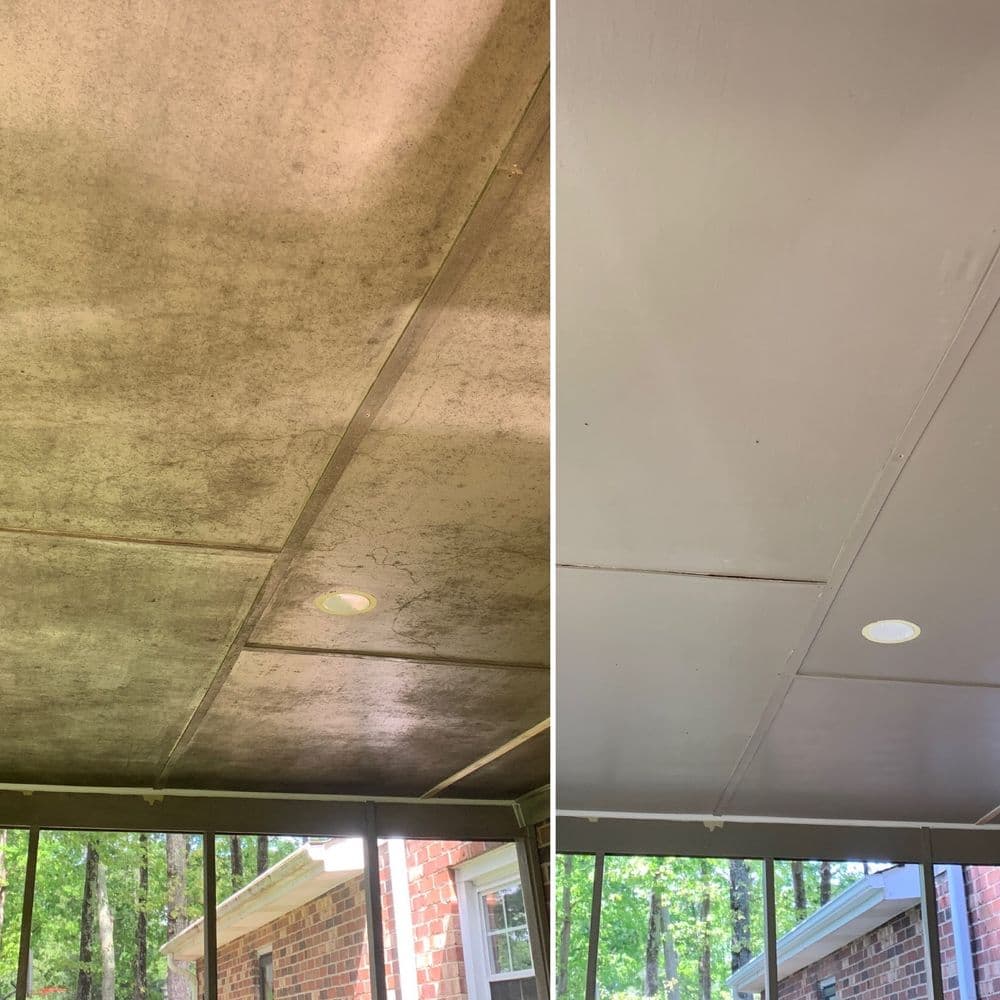 Before and after cleaning: transformed ceiling showing significant dirt removal and bright finish.