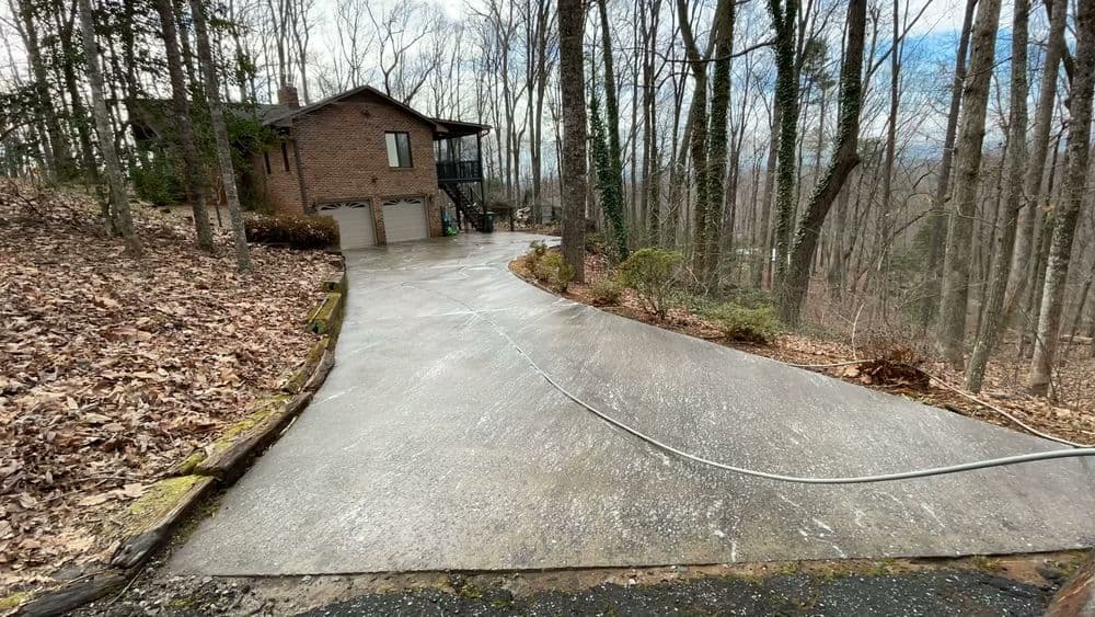 Brick house in wooded area with a clear driveway surrounded by leaf-covered ground.