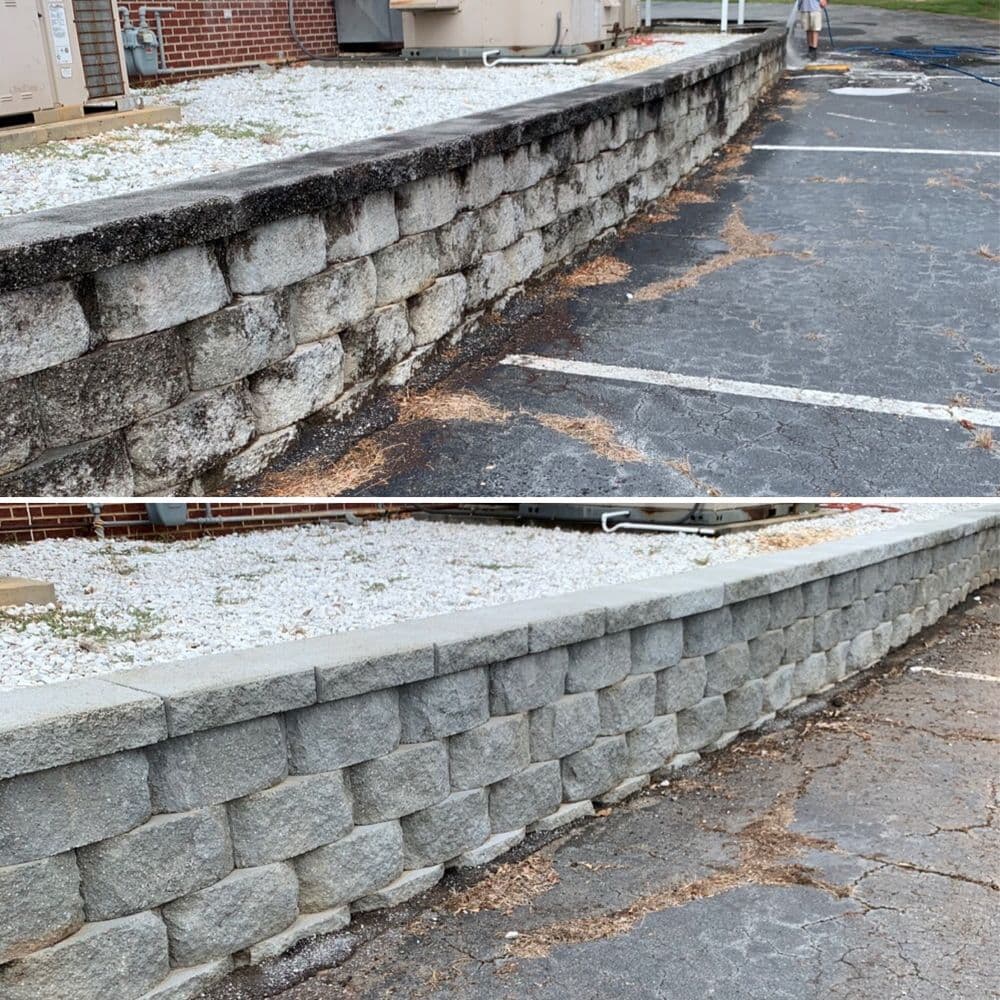 Before and after of a stone retaining wall repair, showcasing improved structure and cleanliness.