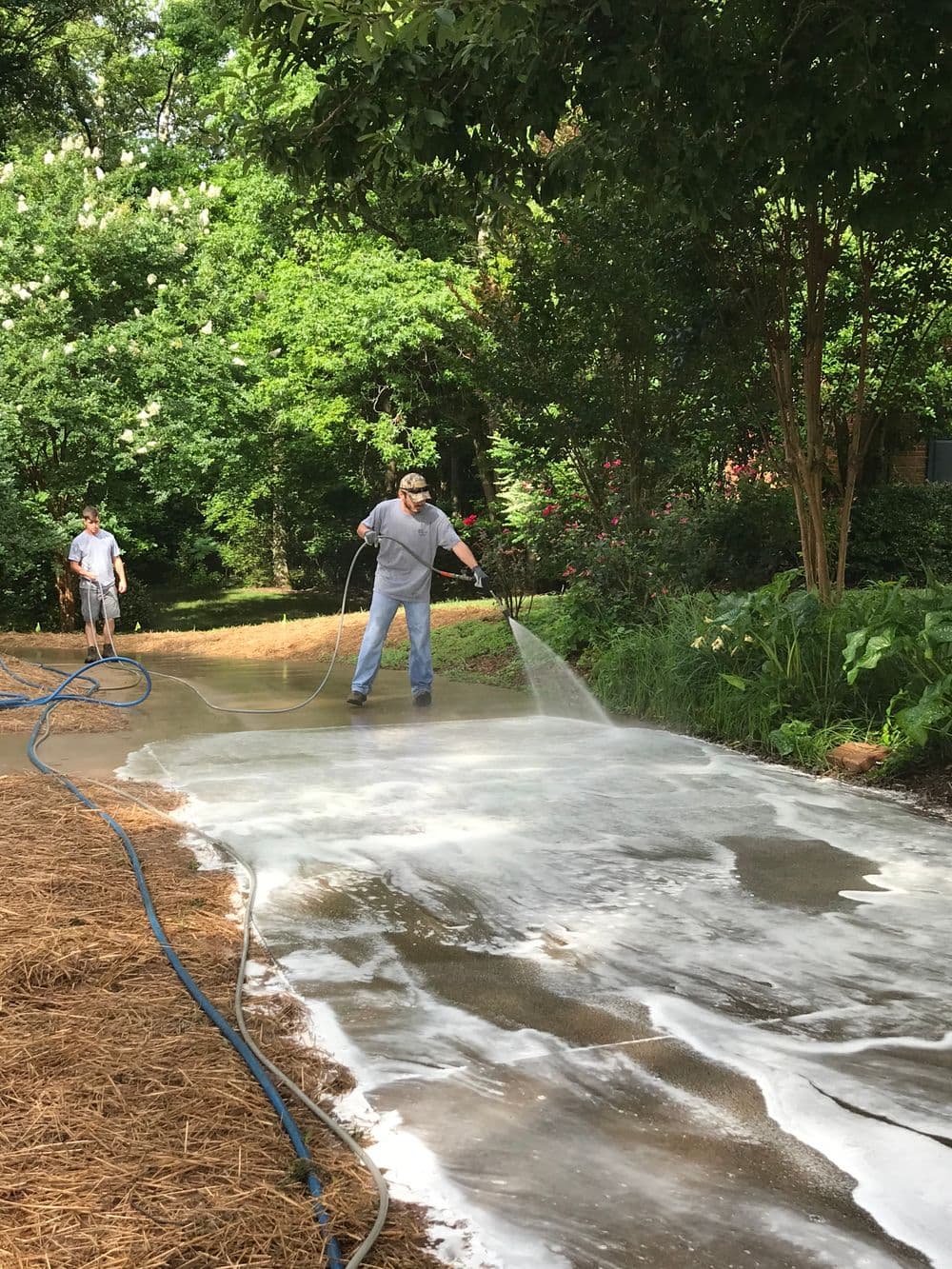 Workers using a pressure washer to clean a concrete driveway surrounded by greenery.