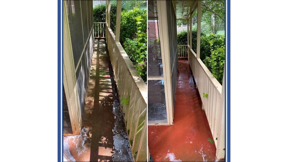 Before and after images of a cleaned porch showing significant improvement in cleanliness.