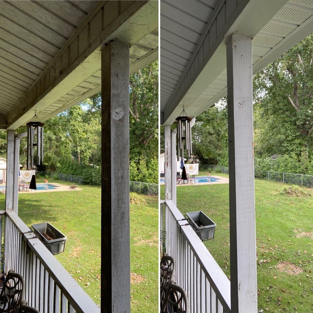 Before and after comparison of porch posts with a view of a backyard pool and trees.