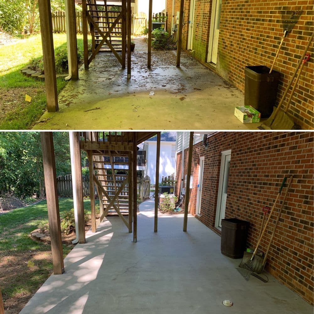 Before and after comparison of a clean, improved outdoor concrete patio space.