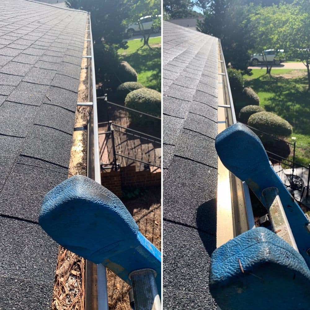 Before and after gutter cleaning showing debris removal from a rooftop.