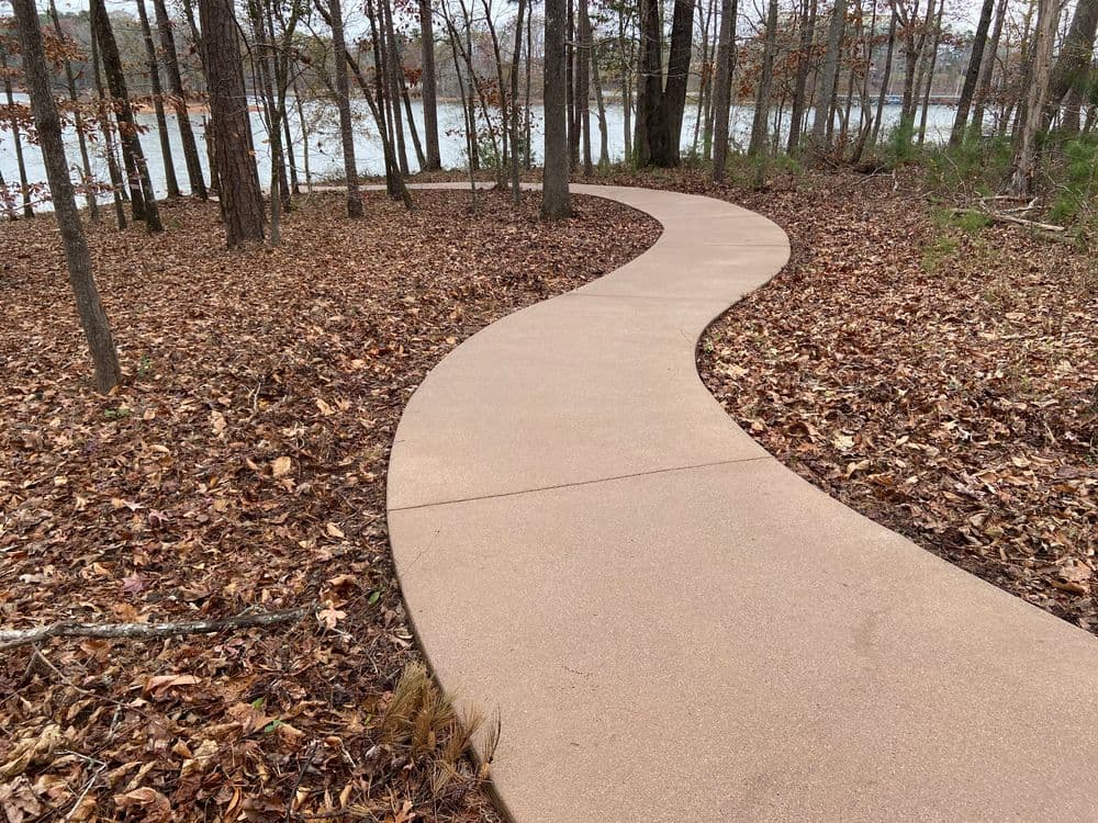 Curved walking path through autumn leaves alongside a serene lake in a wooded area.