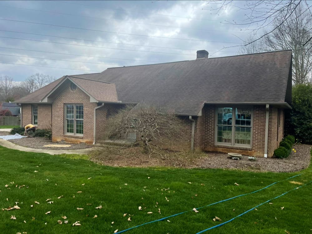 Brick house with a landscaped front yard and overcast sky in the background.